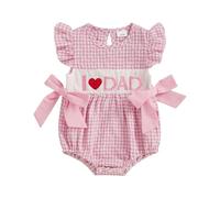 Baby Girl Smocked Bubble Rompers I Love Mom Dad Flutter Sleeve Gingham Bodysuit Father's Mother's Day Cute Newborn Summer Clothes (Pink dad, 0-3 Months)