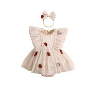 Baby Girl Strawberry Romper Tutu Dress Sweet Birthday Outfit Cake Smash Photo Shoot Clothes with Headband (A-Khaki, 6-12 Months)