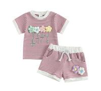 Baby Girl Summer Clothes 3D Flower Embroidery Waffle Striped T Shirt Casual Jogger Shorts Cute 2Pcs Toddler Summer Outfit (Red, 5-6 Years)
