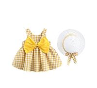 Baby Girl Summer Dress Toddler Kids Plaid A-line Back Bowknot Vest Sundress with Straw Hat 2pcs Princess First Birthday Outfit Party Pageant Wedding Beach Holiday Clothes Set Yellow Plaid 12-18 Months