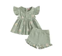 Baby Girl Summer Outfit Daisy Print Flutter Sleeve Smocked Tunic Shirt Ruffle Casual Shorts Cute 2Pcs Toddler Summer Clothes 3 6 12 18 24Months (Green, 6-12 Months)