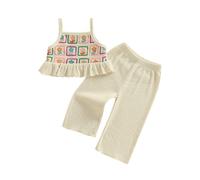 Baby Girl Summer Outfit Floral Crochet Ruffle Sleeveless Camisole Tops Trousers Kids Girl Clothes (Apricot 1, 3-4 Years)