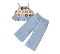 Baby Girl Summer Outfit Floral Crochet Ruffle Sleeveless Camisole Tops Trousers Kids Girl Clothes (Blue, 2-3 Years)
