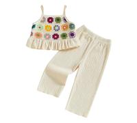 Baby Girl Summer Outfits Toddler Crochet Ruffle Sleeveless Camisole Tops Pants Set Kids Fashion Clothes Sets (Beige, 3-4 Years)