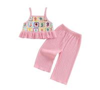 Baby Girl Summer Outfits Toddler Crochet Ruffle Sleeveless Camisole Tops Pants Set Kids Fashion Clothes Sets (01- Pink, 12-18 Months)