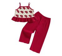 Baby Girl Summer Outfits Toddler Crochet Ruffle Sleeveless Camisole Tops Pants Set Kids Fashion Clothes Sets (Red, 18-24 Months)