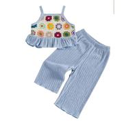 Baby Girl Summer Outfits Toddler Crochet Ruffle Sleeveless Camisole Tops Pants Set Kids Fashion Clothes Sets (03- Blue, 6-12 Months)