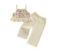 Baby Girl Summer Outfits Toddler Crochet Ruffle Sleeveless Camisole Tops Pants Set Kids Fashion Clothes Sets (01- Apricot, 12-18 Months)