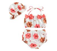 Baby Girl Swimsuit Toddler Bathing Suit Strawberry Mermaid Print Bikini Top Trunks Shorts Swim Cap 3 Piece Set (C-White, 0-6 Months)