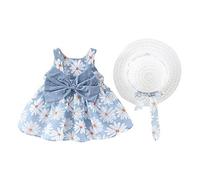 Baby Girl Toddler Kids Floral Dress Summer Sleeveless A-line Vest Dress Bowknot Straw Sun Hat 2pcs First Birthday Outfit Casual Pageant Summer Beach Holiday Wedding Clothes Set Blue Daisy 12-18 Months