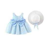 Baby Girl Toddler Kids Floral Dress Summer Sleeveless A-line Vest Dress Bowknot Straw Sun Hat 2pcs First Birthday Outfit Casual Pageant Summer Beach Holiday Wedding Clothes Set Blue Floral 18-24M