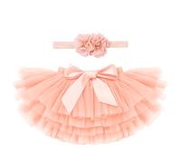 Baby Girl Tutu Skirt 1st 2nd 3rd First Second Third Birthday Cake Smash Outfit Newborn Infant Photography Props Toddler Kids Party Diaper Cover Tulle Layered Bloomers Headband Set Peach 6-12 Months
