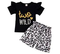 Baby Girl Two Birthday Outfits Ruffle Sleeve Wild Two Top + Strawberry Shorts Set Cake Smash Summer Clothes, Leopard, 2 Years