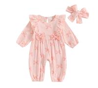 Baby Girl Valentine's Outfit Bows Hearts Print Long Sleeve Smocked Baby Romper My First Valentines Day Baby Grow Outfit with Headband Muslin Cloths for Baby (Bows Orange Rose, 3-6 Months)