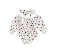 Baby Girl Valentine's Outfit Heart Print Long Sleeve Smocked Baby Romper My First Valentines Day Baby Outfit with Headband Muslin Cloths for Baby (Smocked White, 0-3 Months)