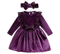 Baby Girl Velvet Dress Infant Toddler Kid Long Sleeve A-line Swing Pleated Princess Dress with Bowknot Headband 2pcs Set Fall Winter Clothes First Christmas Birthday Party Outfit Dark Purple 12-18M