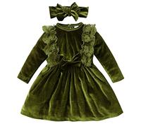 Baby Girl Velvet Dress Infant Toddler Kid Long Sleeve A-line Swing Pleated Princess Dress with Bowknot Headband 2pcs Set Fall Winter Clothes First Christmas Birthday Party Outfit Green 9-12 Months