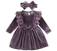 Baby Girl Velvet Dress Infant Toddler Kid Long Sleeve A-line Swing Pleated Princess Dress with Bowknot Headband 2pcs Set Fall Winter Clothes First Christmas Birthday Party Outfit Grape Purple 18-24M