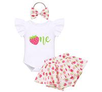 Baby Girls 1st Birthday Cake Smash Outfit Fly Sleeve Lovely Print Romper Ruffle Skirted Shorts Headband Boho Summer Photo Shoot Clothes Set Light Pink 12-18 Months