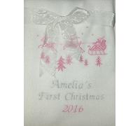 Baby Girls 1st Christmas Personalised Super Soft Fleece Blanket. (White/Pink)