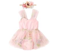 Baby Girls 1st First Birthday Party Dress Floral Embroidery Sleeveless Tulle Tutu Princess Romper Dresses Back Bowknot Jumpsuit Toddler Kids Summer Clothes Newborn Photo Shooting Props Pink 9-12M