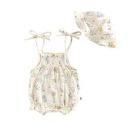 Baby Girls 2 Pcs Summer Outfit Sweet Romper Sleeveless Strappy Shoulder Flower/Heart Print Bottom Bodysuit With Hat Cute Baptism Playsuit Newborn Baby Summer One Piece Outfits (Beige, 9-12 Months)