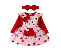 Baby Girls 3 Pcs Valentine's Day Princess Outfit Dress Long Sleeve Romper+Heart Suspender Skirt+Headband Set Baby Valentine's Day Clothes Set My First Valentine's Day Outfit (Red, 0-3 Months)