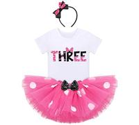 Baby Girls 3rd Birthday Outfits Short Sleeve Tshirt Top+Polka Dots Tutu Skirt+Headband 3pcs Minnie Mouse Fancy Dress Up Party Costume Cake Smash Clothes for Photo Props Hot Pink+Black-THREE 3 Years