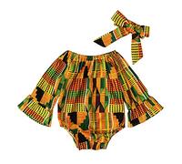 Baby Girls African Style Off-Shoulder Romper, Toddler Newborn Off Shoulder Bodysuits with Headband 2pc Dashiki Set 0 2Y Long Sleeve Dashiki Romper Toddler Girls Hairband Set (Yellow, 6-12 Months)