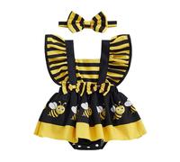 Baby Girls Bee/Ladybug/Cow/Elephant Rompers Dress Fly Sleeve Skirt Hem Jumpsuits Bee Bodysuits Baby Bee Costume with Headband (Yellow, 3-6 Months)