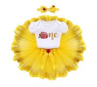 Baby Girls Belle Princess Dress up Costume One Year Old Birthday Outfit Rose Romper Tutu Skirt Headband Set Halloween Party Fancy Dress Cosplay for Cake Smash Photo Prop Yellow Belle One 1 Year
