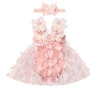 Baby Girls Birthday Cake Smash Outfit Flower Romper Dress Ribbed Bodysuit Ruffle Tulle Dress Sleeveless V Neck Sweetheart Print Jumpsuit Tutu with Headband 2pcs Clothes Set Light Pink 6-12 Months