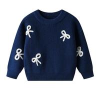 Baby Girl's Bow Detail Tiered Jumper, Long Sleeve Knitted Pullover with Ribbed Cuffs for Newborn and Toddler Winter Clothing Essentials(Dark Blue, 12-18 Months)