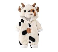 Baby Girls Boys Animal Costume Winter Plush Jumpsuit Long Sleeve Cartoon Cow Print Zipper Hooded Romper Halloween Baby Costumes Toddler Onesie (Beige, 0-6 Months)
