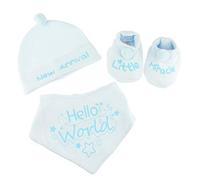 Baby Girls Boys Babies Infants Newborn Cute Cotton Gift Shower Essentials Set Beanie Cap Hospital Hat Bootees Booties Socks Feeding Bib 0 3 Months Little Miracle Hello World (Blue)