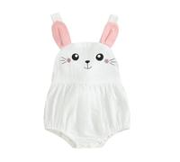 Baby Girls Boys Easter Rompers Rabbit Embroidery Bunny Ears Straps Sleeveless Bodysuits My First Easter Baby Girl Outfit Summer Thin Japanese Style Cute Infant Romper Girls Outfit White