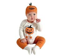 Baby Girls Boys My 1st Halloween Outfits Onesie Long Sleeve Soft Romper Pumpkin Face Bodysuits and Hat Toddler Cute Bodysuit My First Halloween Infant Clothes Set (White, 12-18 Months)