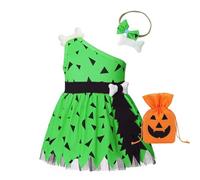 Baby Girls Caveman Costume Halloween Cavegirl Dress with Bone Headband, Bag 3PC Outfit Toddler Kids Party Dress Up Clothes (Green, 18-24 Months)
