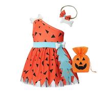 Baby Girls Caveman Costume Halloween Cavegirl Dress with Bone Headband, Bag 3PC Outfit Toddler Kids Party Dress Up Clothes (Orange, 12-18 Months)