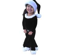 Baby Girls Christmas Costume Santa Little Helpper Outfits Santa Claus Fancy Dress Bell Bottoms Set Long Sleeve Velvet Tops High Waist Flare Pant with Hat 3PCS Christmas Party Holiday Costume