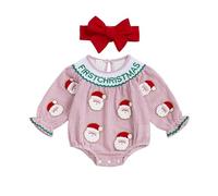 Baby Girls Christmas Outfit 2 Pcs My First Merry Christmas Bodysuit Set Long Sleeve Crew Neck Santa Claus/Letter Embroidery Striped Bodysuit with Headband Baby Girls Cute Romper (Red, 0-3 Months)