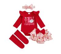 Baby Girls Christmas Outfit 4 Pcs Cute Fall Skirt Set Long Sleeve Letter Print Romper+Ruffle Tutu Bloomers Shorts+Socks+Headband My First Christmas Outfit Infant Santa Set (Red, 9-12 Months)