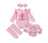 Baby Girls Christmas Outfit 4 Pcs Cute Fall Skirt Set Long Sleeve Letter Print Romper+Ruffle Tutu Bloomers Shorts+Socks+Headband My First Christmas Outfit Infant Santa Set (Pink, 0-3 Months)