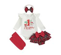 Baby Girls Christmas Outfit 4 Pcs Cute Fall Skirt Set Long Sleeve Letter Print Romper+Ruffle Tutu Bloomers Shorts+Socks+Headband My First Christmas Outfit Infant Santa Set (Red-C, 0-3 Months)