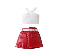Baby Girls Clothes Set Toddler Summer Sleeveless Cropped Tank Tops Solid Color Halter Neck Vest PU Skirts 2PCS Outfits Birthday Gifts Red