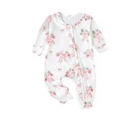 Baby Girls Cute Sleepsuits Floral Butterfly Bowknot Patterns Outfits Long Sleeve Onesie Cotton Ruffle Jumpsuit Zip Up Bodysuit Crew Neck Footless Pajamas (Pink, 0-3 Months)