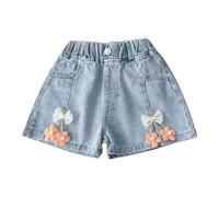 Baby Girls Denim Shorts Jeans Embroidery Floral Toddler Baggy Shorts Lace Butterfly Bow Elasticated Waist Kids Summer Breathable Soft Cool Pants (G, 13 Years)