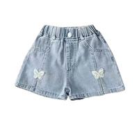 Baby Girls Denim Shorts Jeans Embroidery Floral Toddler Baggy Shorts Lace Butterfly Bow Elasticated Waist Kids Summer Breathable Soft Cool Pants (H, 5-6 Years)