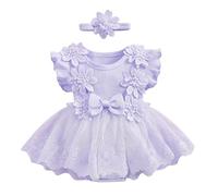 Baby Girl's Dress Summer Clothes Set Romper Newborn Infant Flower Lace Tutu Flower Dress and Headband Cake Smash Wedding Birthday Party Outfits Purple 80
