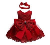 Baby Girls Dress with Hairband Sleeveless Floral Lace Back Big Bow Round Neck Dress Multi-Layer Mesh TuTu Style Back Zip Dress (Red 2, 18-24 Months)